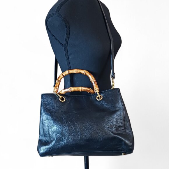 Emma Fox Black Pebbled Leather Handbag Bamboo Handles Removable Crossbody Strap - Picture 8 of 13